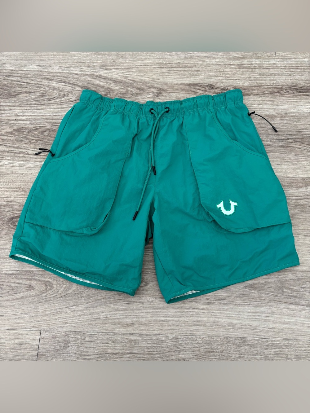 True Religion Board Shorts Men's 33/34 Green Swim Curved Nylon Shorts Trunks L